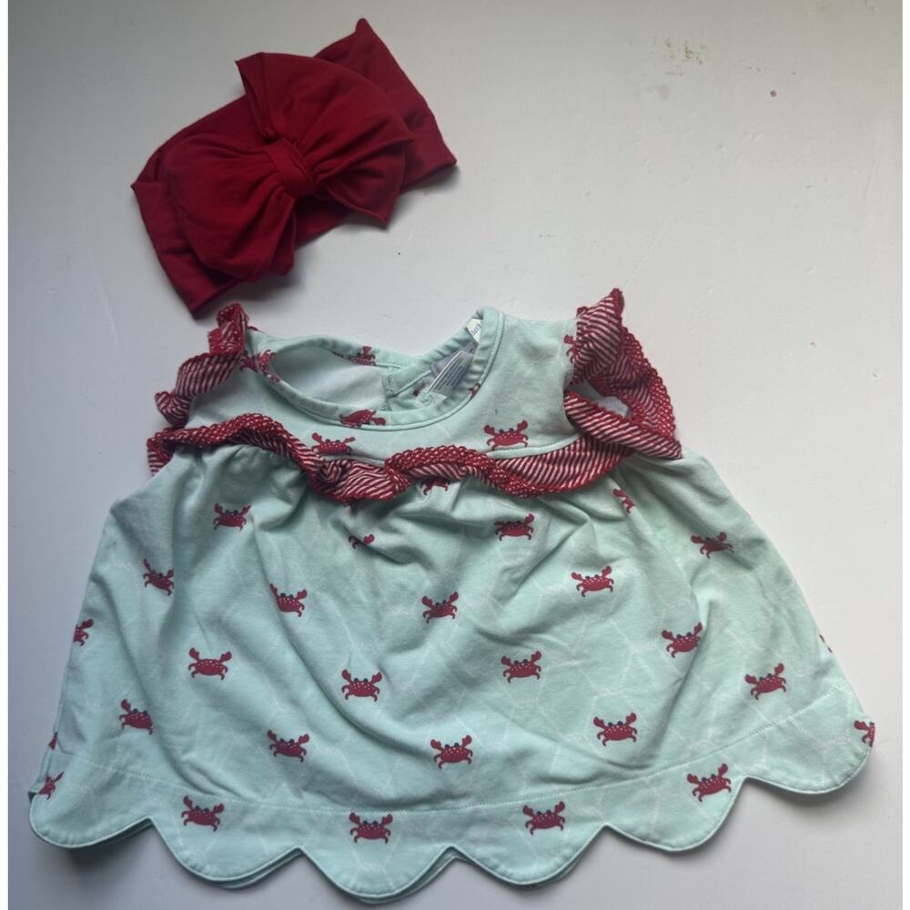 Ishtex Baby Girl Crab Print Scallop Hem Top 6M + RuffleButts Bow